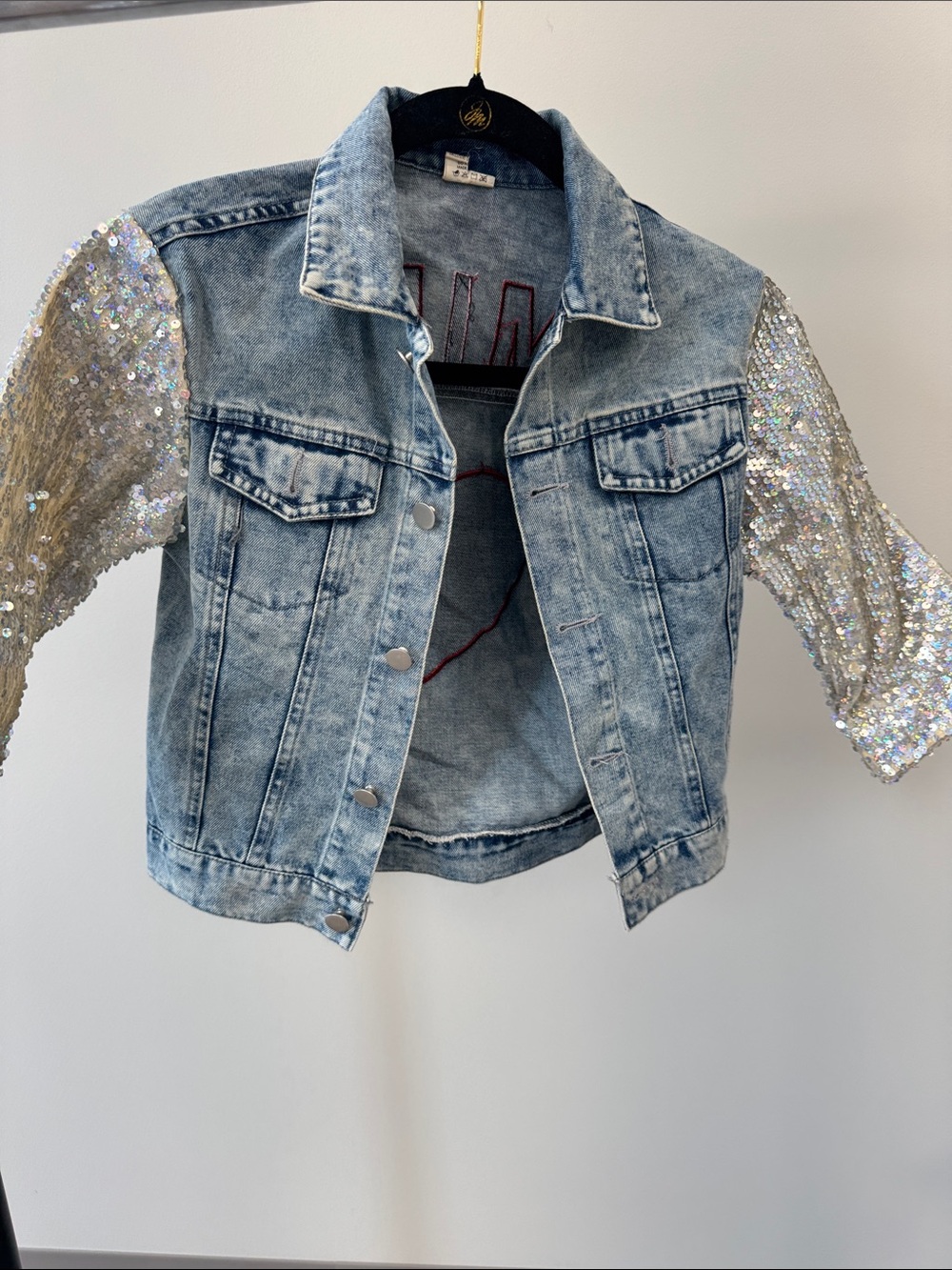 Sequin Sleeve Acid Wash Denim Jacket - Iridescent Sequin Sleeves